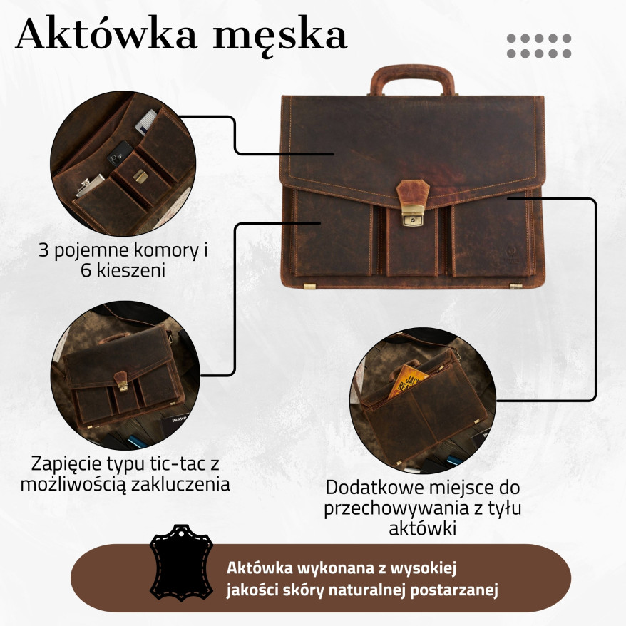 AKTÓWKA MĘSKA SKÓRZANA VINTAGE PAOLO PERUZZI T-80-HBR