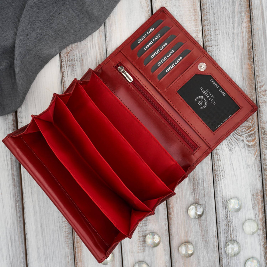 Portfel damski skórzany duży czerwony w kwiaty z ochroną RFID Paolo Peruzzi AL-14-RD