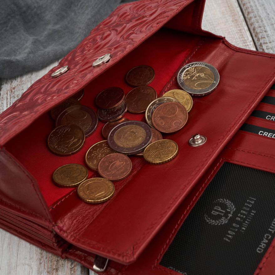 Portfel damski skórzany duży czerwony w kwiaty z ochroną RFID Paolo Peruzzi AL-14-RD