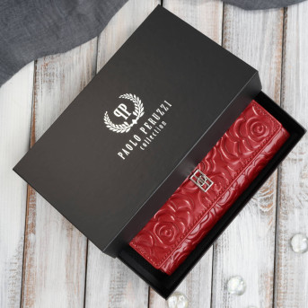 Portfel damski skórzany duży czerwony w kwiaty z ochroną RFID Paolo Peruzzi AL-14-RD