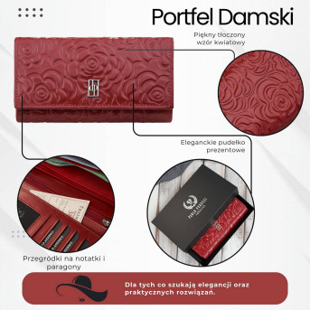 Portfel damski skórzany duży czerwony w kwiaty z ochroną RFID Paolo Peruzzi AL-14-RD