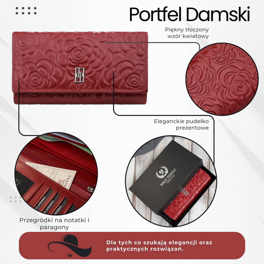 Portfel damski skórzany duży czerwony w kwiaty z ochroną RFID Paolo Peruzzi AL-14-RD