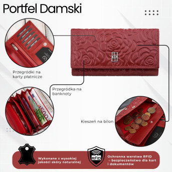 Portfel damski skórzany duży czerwony w kwiaty z ochroną RFID Paolo Peruzzi AL-14-RD