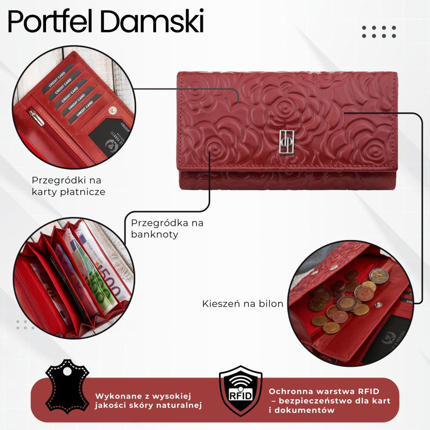 Portfel damski skórzany duży czerwony w kwiaty z ochroną RFID Paolo Peruzzi AL-14-RD