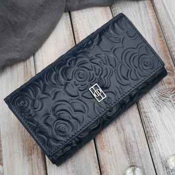 Duży portfel damski skórzany z tłoczeniem w kwiaty granatowy Paolo Peruzzi AL-14-NV