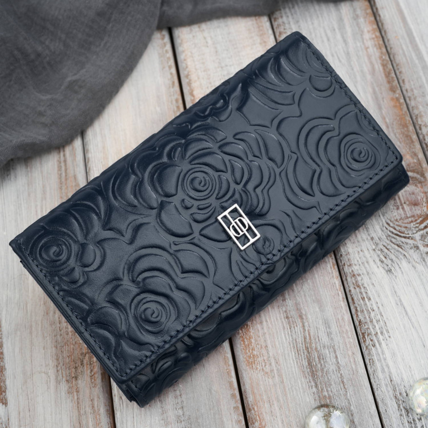 Duży portfel damski skórzany z tłoczeniem w kwiaty granatowy Paolo Peruzzi AL-14-NV