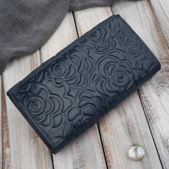 Duży portfel damski skórzany z tłoczeniem w kwiaty granatowy Paolo Peruzzi AL-14-NV