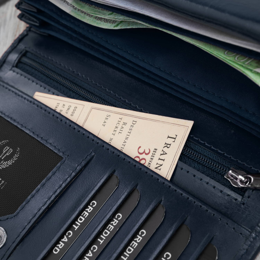 Duży portfel damski skórzany z tłoczeniem w kwiaty granatowy Paolo Peruzzi AL-14-NV