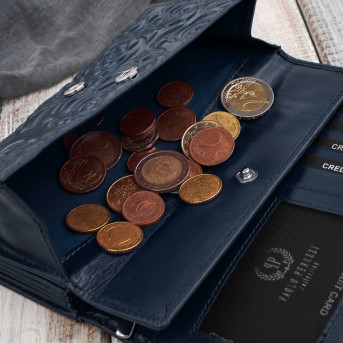 Duży portfel damski skórzany z tłoczeniem w kwiaty granatowy Paolo Peruzzi AL-14-NV