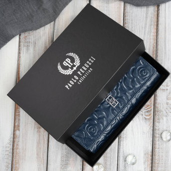 Duży portfel damski skórzany z tłoczeniem w kwiaty granatowy Paolo Peruzzi AL-14-NV