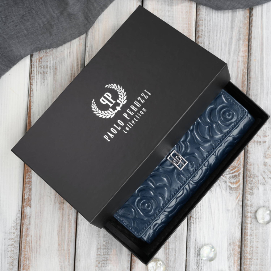 Duży portfel damski skórzany z tłoczeniem w kwiaty granatowy Paolo Peruzzi AL-14-NV