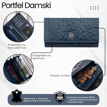 Duży portfel damski skórzany z tłoczeniem w kwiaty granatowy Paolo Peruzzi AL-14-NV