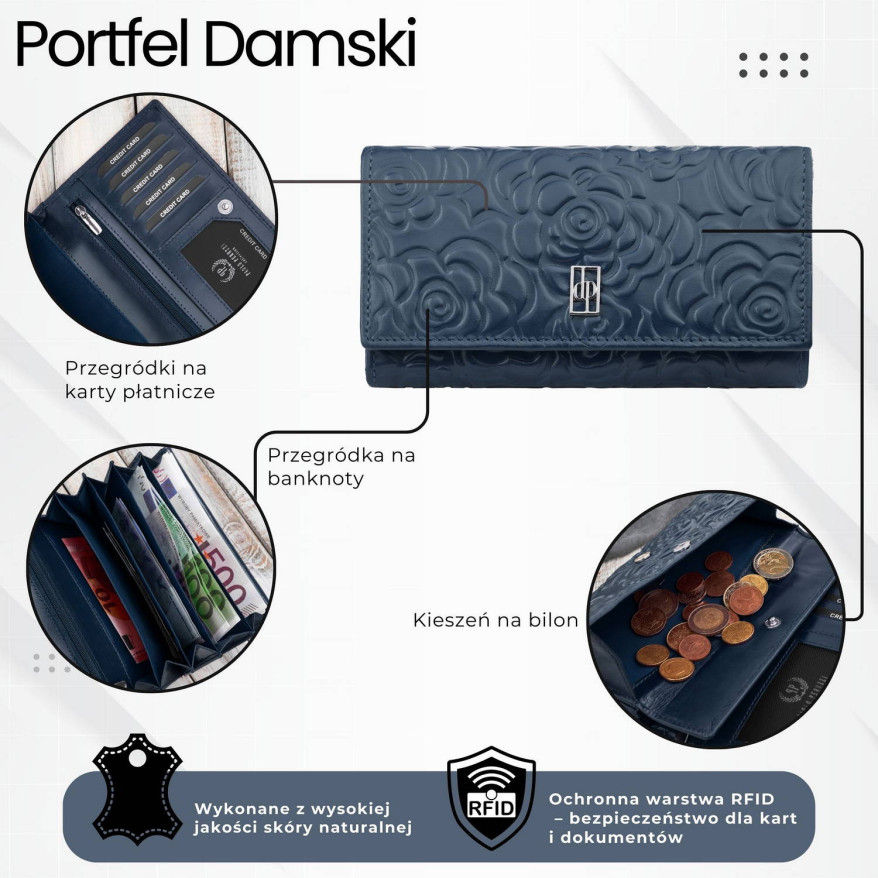 Duży portfel damski skórzany z tłoczeniem w kwiaty granatowy Paolo Peruzzi AL-14-NV