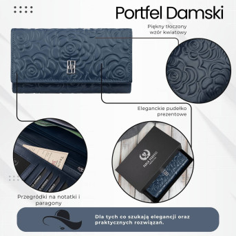 Duży portfel damski skórzany z tłoczeniem w kwiaty granatowy Paolo Peruzzi AL-14-NV