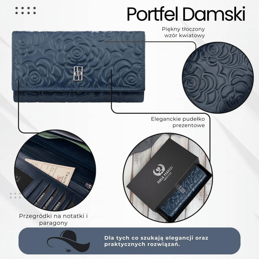 Duży portfel damski skórzany z tłoczeniem w kwiaty granatowy Paolo Peruzzi AL-14-NV