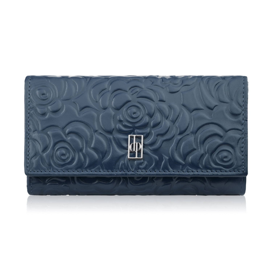 Duży portfel damski skórzany z tłoczeniem w kwiaty granatowy Paolo Peruzzi AL-14-NV