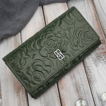 Ciemnozielony portfel damski skórzany w kwiaty duży poziomy Paolo Peruzzi AL-14-GB