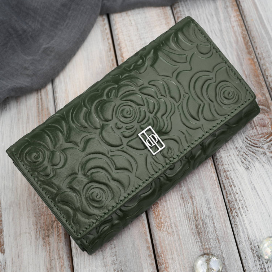 Ciemnozielony portfel damski skórzany w kwiaty duży poziomy Paolo Peruzzi AL-14-GB