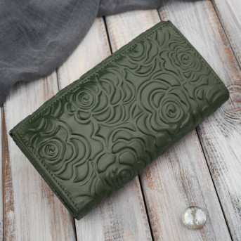 Ciemnozielony portfel damski skórzany w kwiaty duży poziomy Paolo Peruzzi AL-14-GB