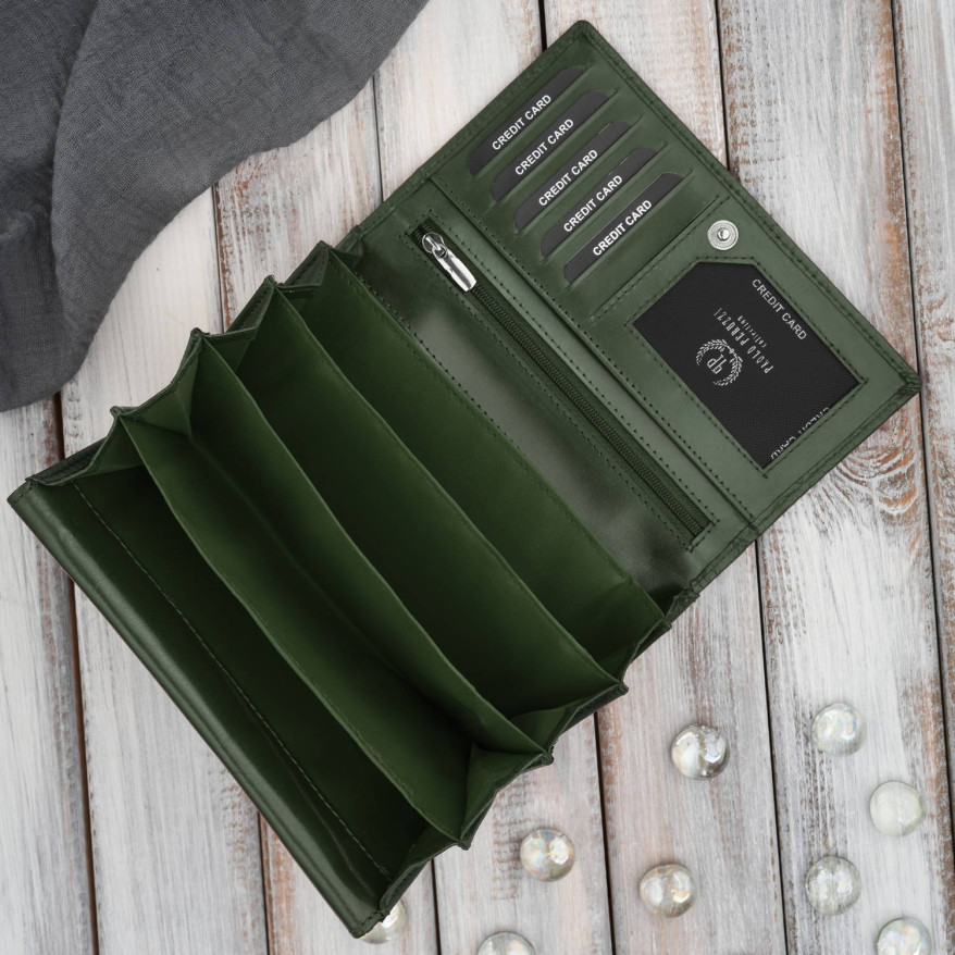 Ciemnozielony portfel damski skórzany w kwiaty duży poziomy Paolo Peruzzi AL-14-GB