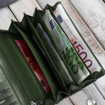 Ciemnozielony portfel damski skórzany w kwiaty duży poziomy Paolo Peruzzi AL-14-GB