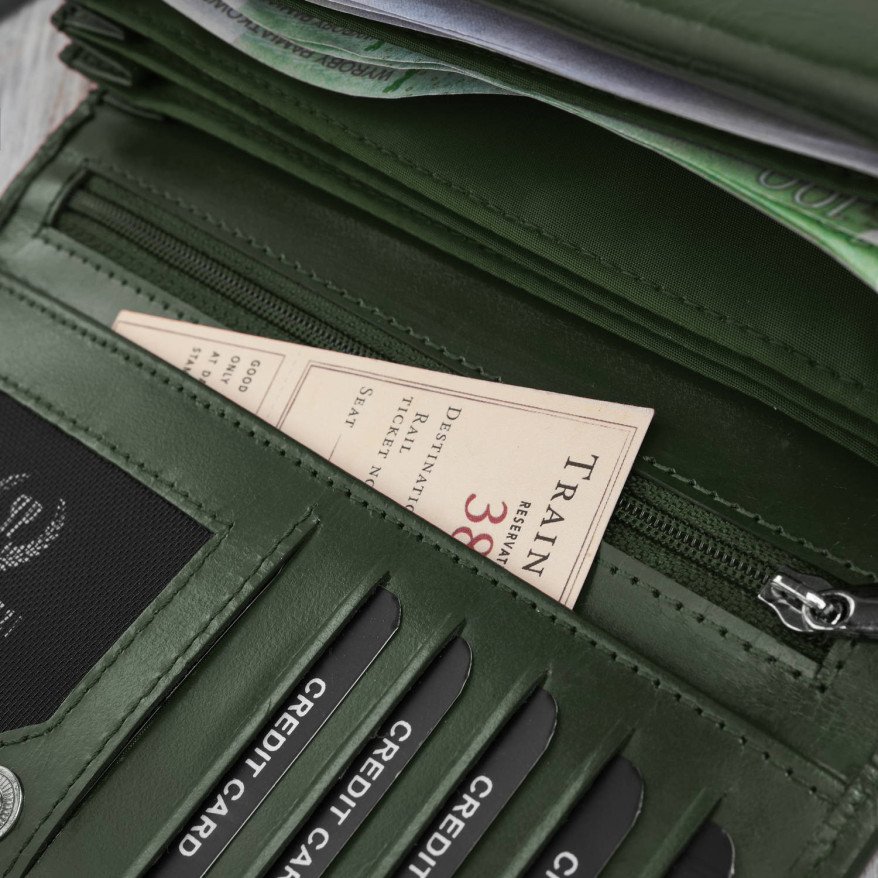 Ciemnozielony portfel damski skórzany w kwiaty duży poziomy Paolo Peruzzi AL-14-GB