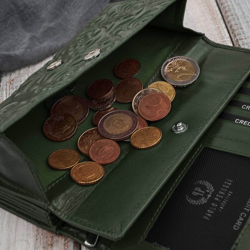 Ciemnozielony portfel damski skórzany w kwiaty duży poziomy Paolo Peruzzi AL-14-GB