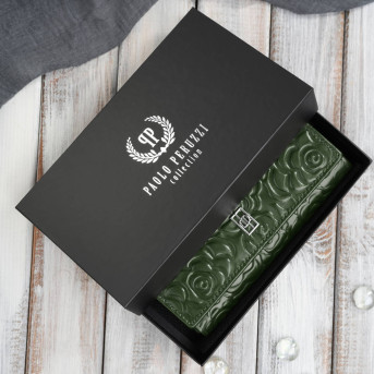 Ciemnozielony portfel damski skórzany w kwiaty duży poziomy Paolo Peruzzi AL-14-GB