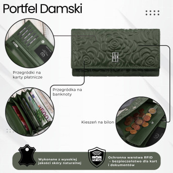 Ciemnozielony portfel damski skórzany w kwiaty duży poziomy Paolo Peruzzi AL-14-GB
