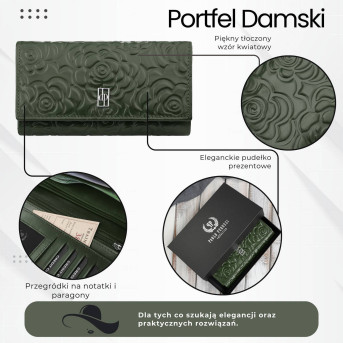 Ciemnozielony portfel damski skórzany w kwiaty duży poziomy Paolo Peruzzi AL-14-GB