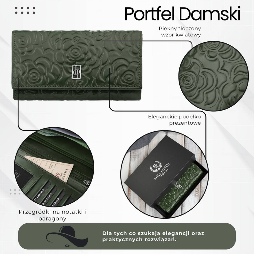Ciemnozielony portfel damski skórzany w kwiaty duży poziomy Paolo Peruzzi AL-14-GB