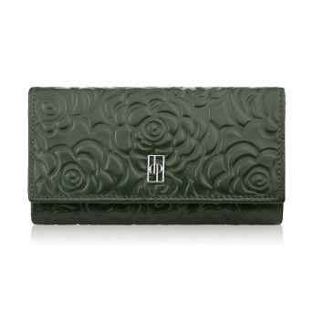 Ciemnozielony portfel damski skórzany w kwiaty duży poziomy Paolo Peruzzi AL-14-GB