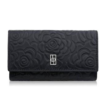 Czarny portfel damski skórzany w kwiaty z metalowym logo duży Paolo Peruzzi AL-14-BL