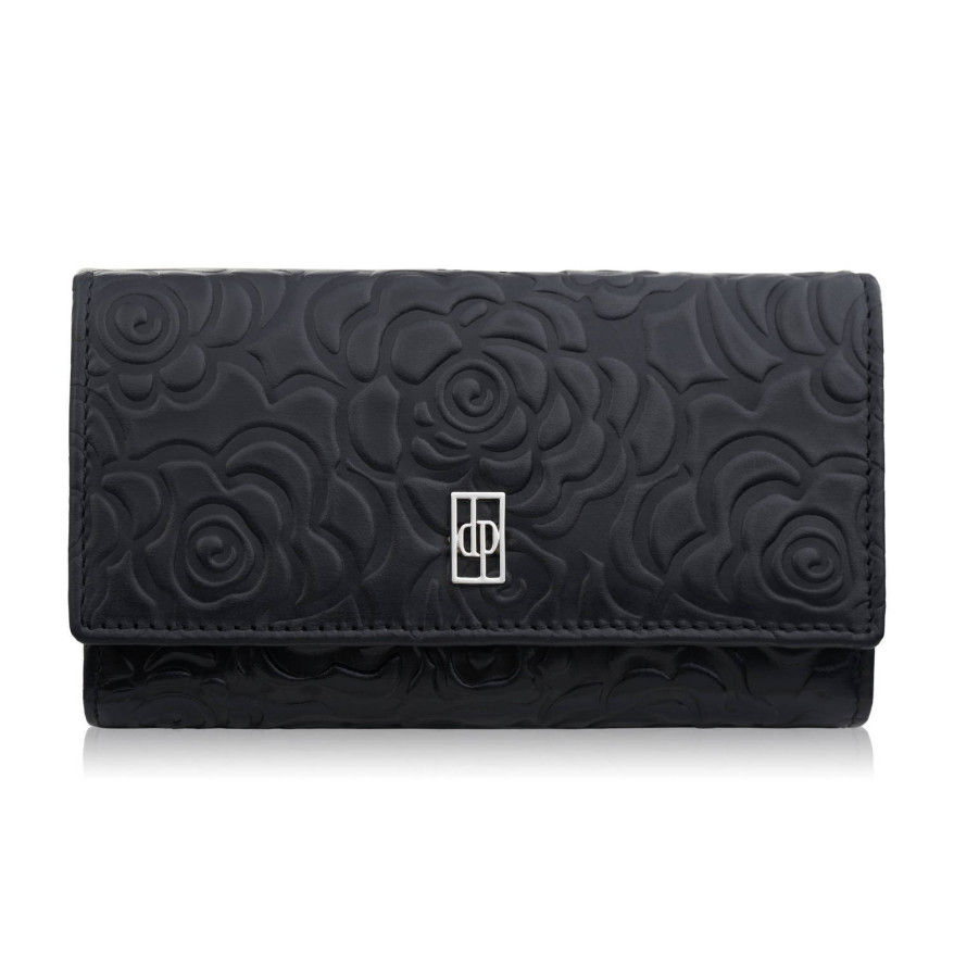 Czarny portfel damski skórzany w kwiaty z metalowym logo duży Paolo Peruzzi AL-14-BL