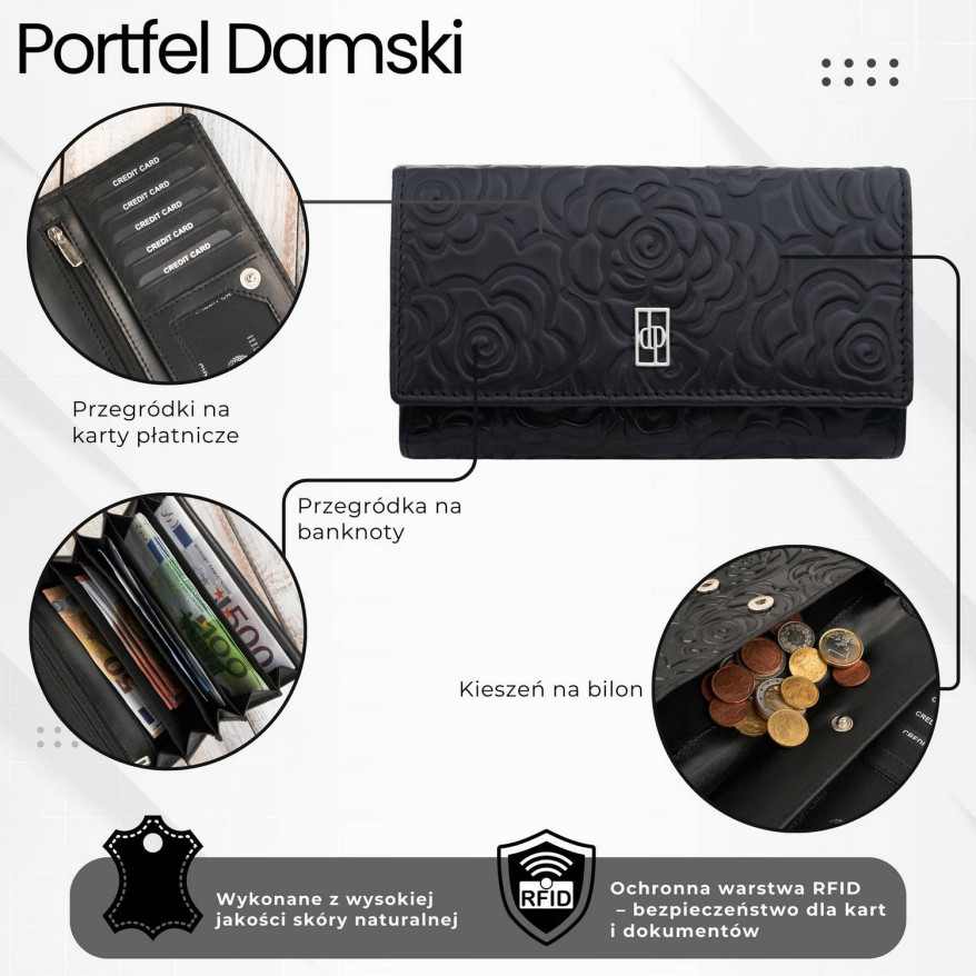 Czarny portfel damski skórzany w kwiaty z metalowym logo duży Paolo Peruzzi AL-14-BL