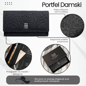 Czarny portfel damski skórzany w kwiaty z metalowym logo duży Paolo Peruzzi AL-14-BL