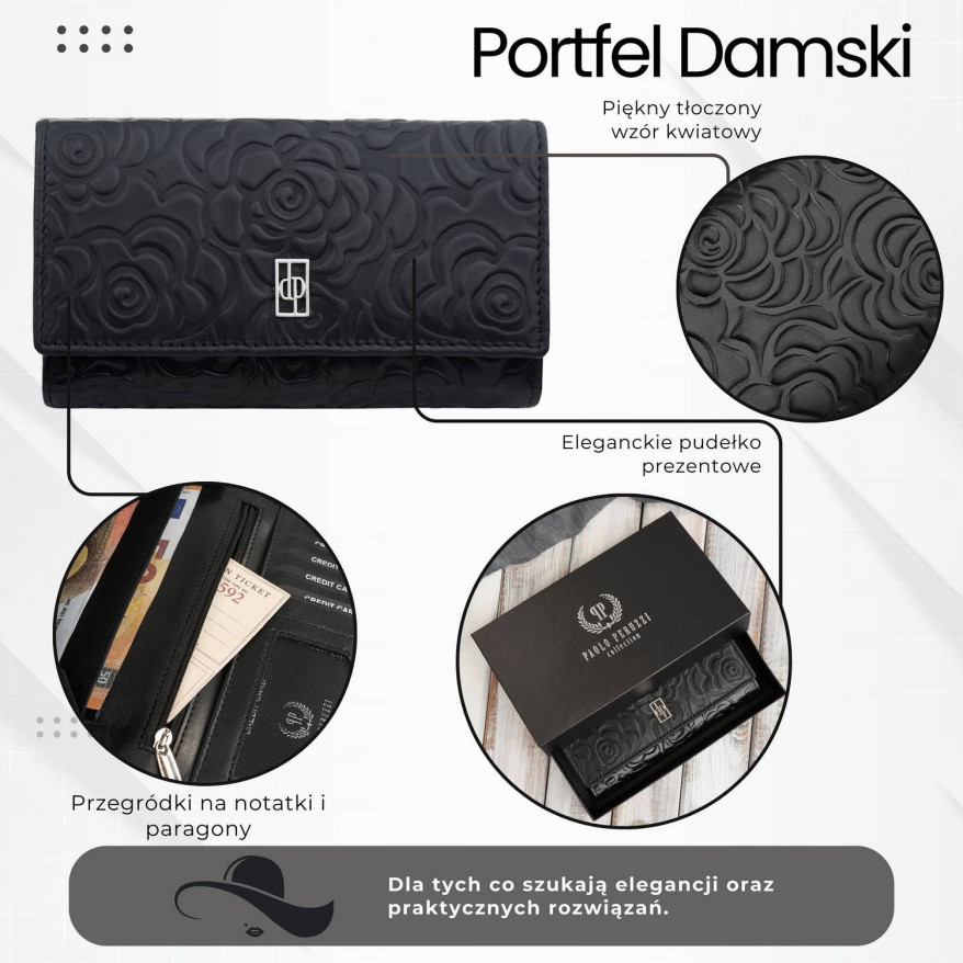 Czarny portfel damski skórzany w kwiaty z metalowym logo duży Paolo Peruzzi AL-14-BL