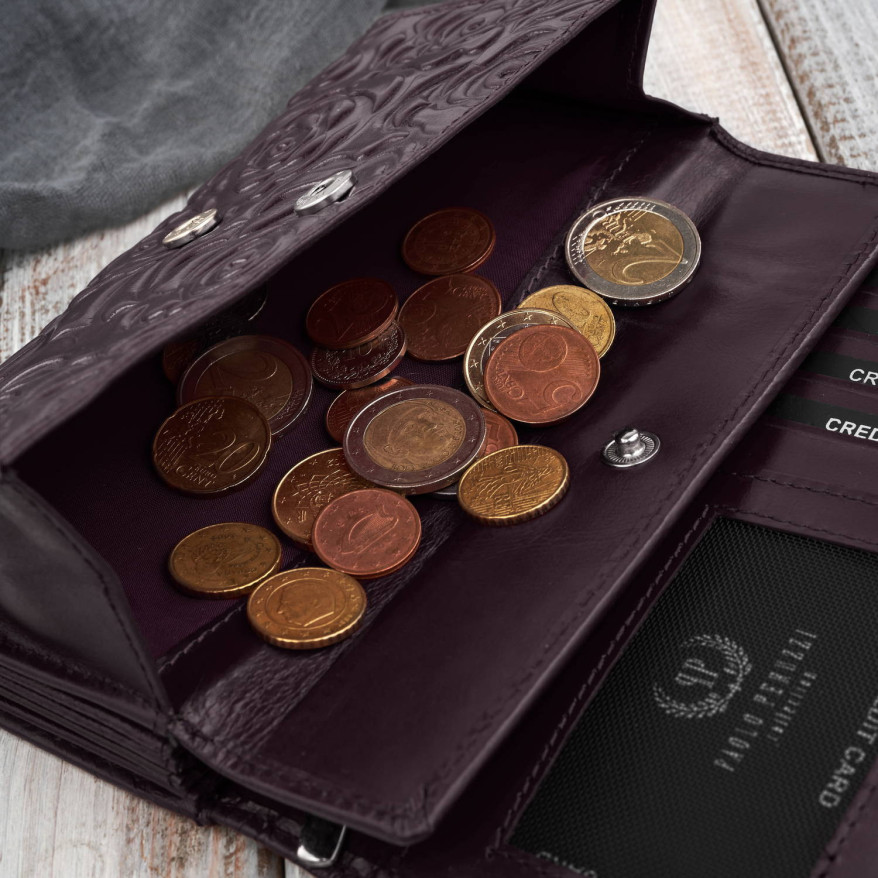 Duży portfel damski skórzany przestronny burgundowy w kwiaty Paolo Peruzzi AL-14-BGD