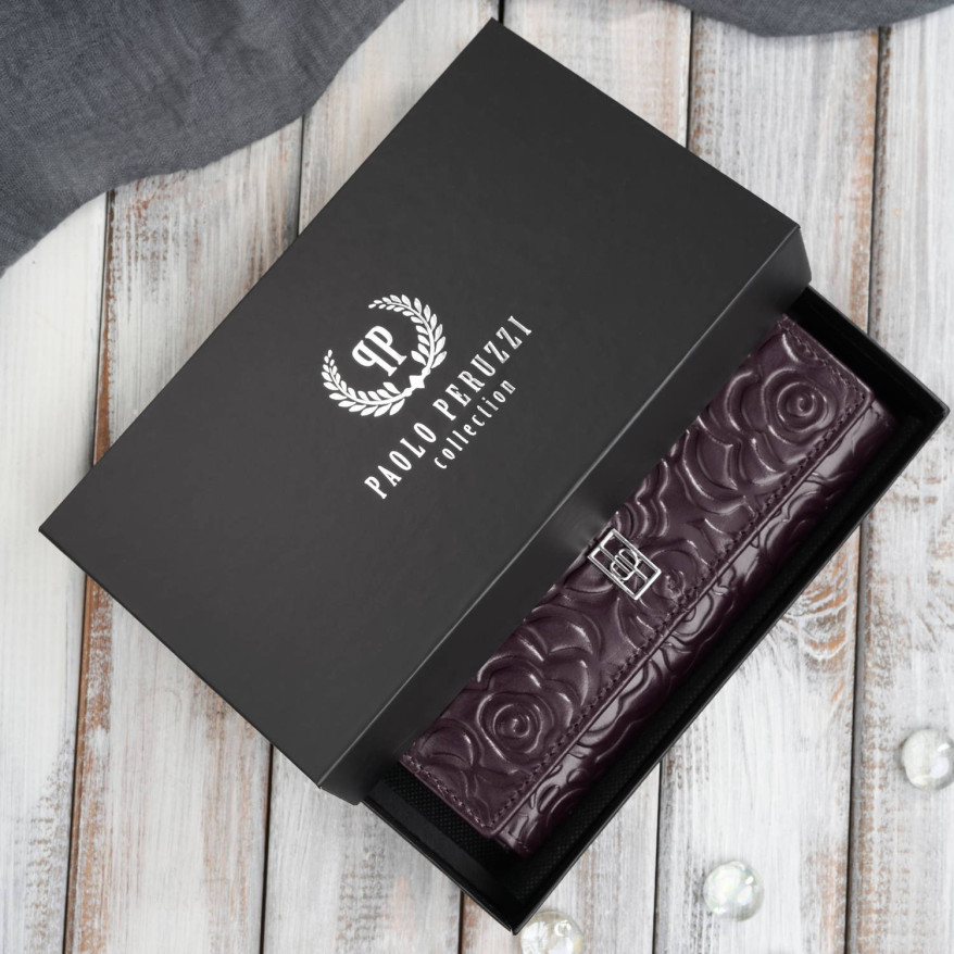 Duży portfel damski skórzany przestronny burgundowy w kwiaty Paolo Peruzzi AL-14-BGD