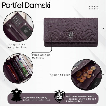 Duży portfel damski skórzany przestronny burgundowy w kwiaty Paolo Peruzzi AL-14-BGD