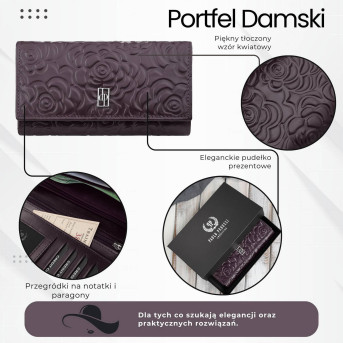 Duży portfel damski skórzany przestronny burgundowy w kwiaty Paolo Peruzzi AL-14-BGD