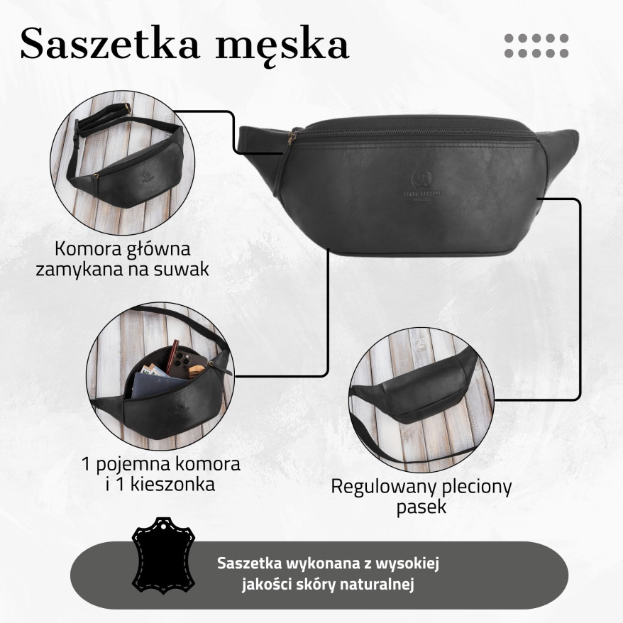 SASZETKA MĘSKA SKÓRZANA NERKA CZARNA W STYLU VINTAGE PAOLO PERUZZI T-89-HBL