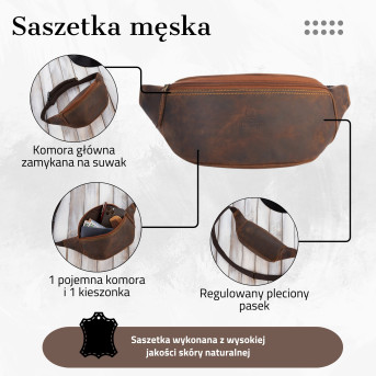 SASZETKA MĘSKA SKÓRZANA NERKA W STYLU VINTAGE PAOLO PERUZZI T-89-HBR