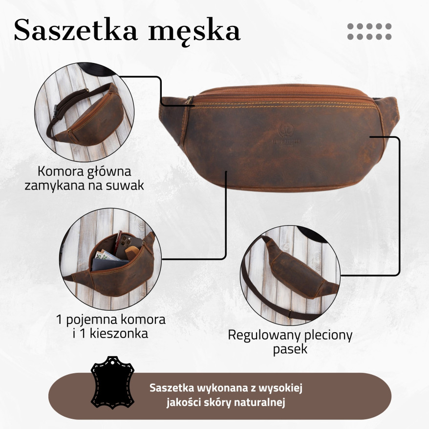 SASZETKA MĘSKA SKÓRZANA NERKA W STYLU VINTAGE PAOLO PERUZZI T-89-HBR