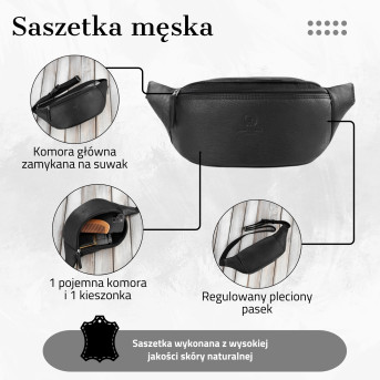 SASZETKA MĘSKA SKÓRZANA NERKA CZARNA PAOLO PERUZZI T-89-BL