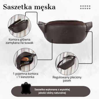 SASZETKA MĘSKA NA PAS SKÓRZANA NERKA BRĄZOWA PAOLO PERUZZI T-89-BR