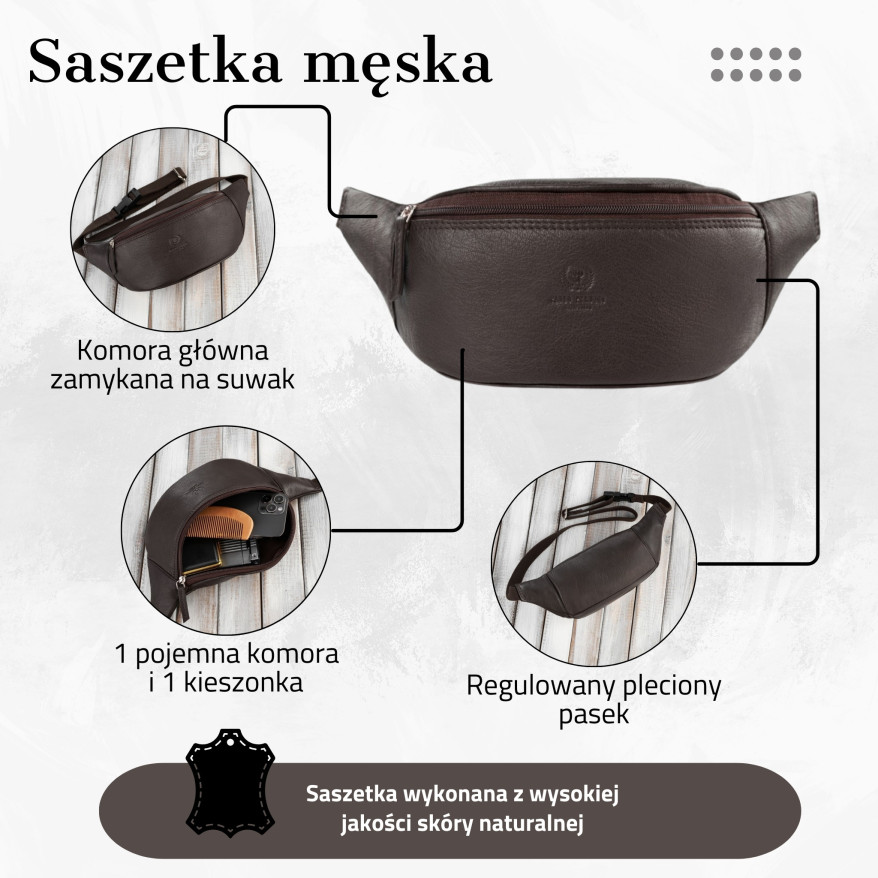 SASZETKA MĘSKA NA PAS SKÓRZANA NERKA BRĄZOWA PAOLO PERUZZI T-89-BR
