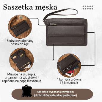 SASZETKA MĘSKA PAOLO PERUZZI KLASYCZNA BRĄZOWA SKÓRZANA SKÓRA T-26-BR