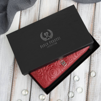 Portfel damski skórzany w kwiaty czerwony z metalowym logo Paolo Peruzzi AL-13-RD