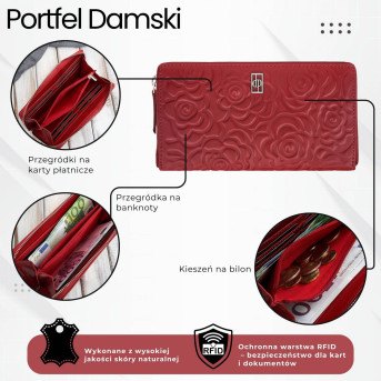 Portfel damski skórzany w kwiaty czerwony z metalowym logo Paolo Peruzzi AL-13-RD